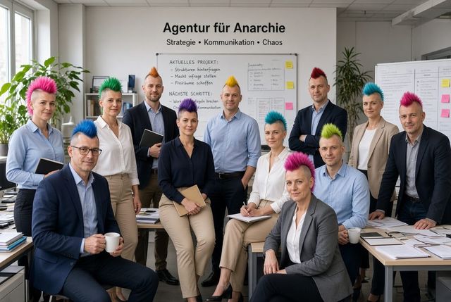 Das Team der Agentur für Anarchie im Büro, alle mit bunten Irokesenschnitten