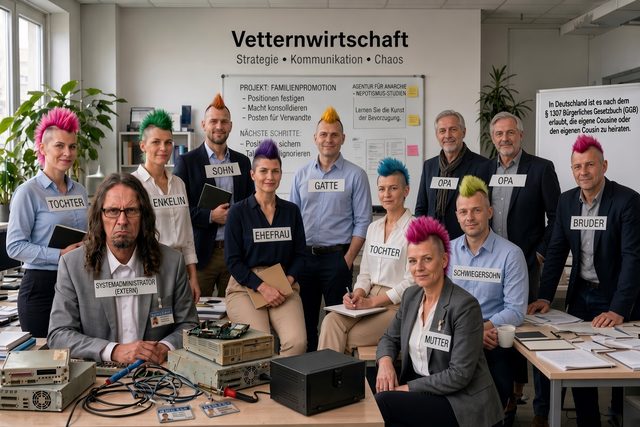 Zwölf Mitarbeiter mit bunten Irokesenschnitten, jeder mit einem Schild
          wie Tochter, Sohn, Opa oder Schwiegersohn. Vorn sitzt allein der
          Systemadministrator mit langen Haaren und dem Schild extern.